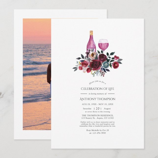 Burgundy and Navy Floral Wine Celebration of Life Invitation (Front/Back)