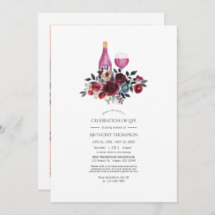 Burgundy and Navy Floral Wine Celebration of Life Invitation