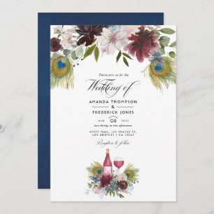 Burgundy and Navy Peacock Wine Themed Wedding Invi Invitation