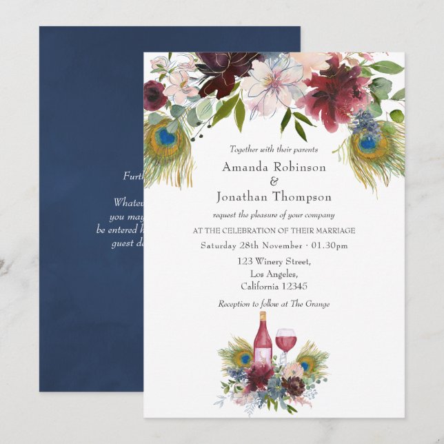 Burgundy and Navy Peacock Wine Themed Wedding Invitation (Front/Back)