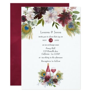 Burgundy and Navy Peacock Wine Themed Wedding Invitation