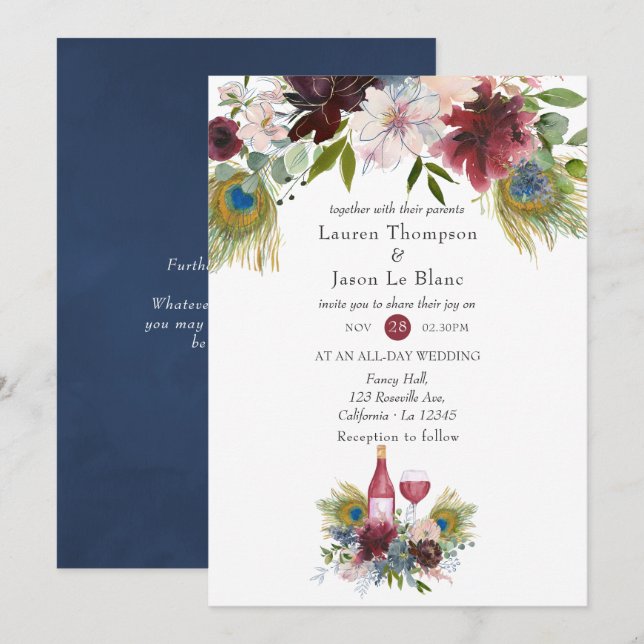 Burgundy and Navy Peacock Wine Themed Wedding Invitation (Front/Back)
