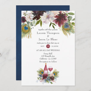 Burgundy and Navy Peacock Wine Themed Wedding Invitation