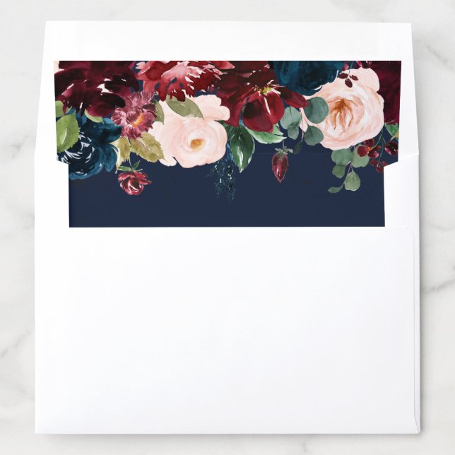 Burgundy and navy pink blush floral wedding envelope liner (In Envelope)