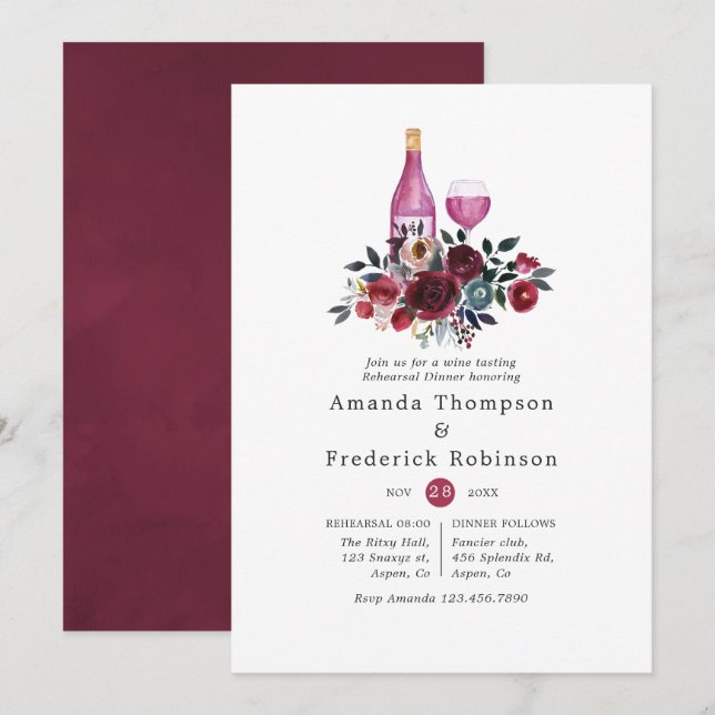Burgundy and Navy Rehearsal Dinner Wine Tasting Invitation (Front/Back)