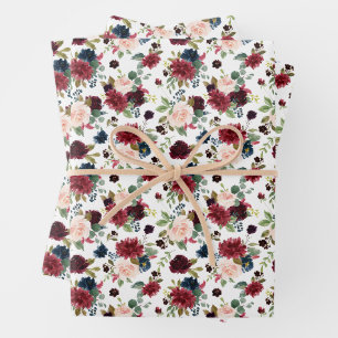 Burgundy and Navy Watercolor Botanical Pattern Wrapping Paper Sheets