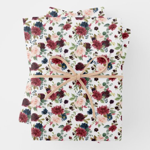 Burgundy and Navy Watercolor Botanical Pattern Wrapping Paper Sheets