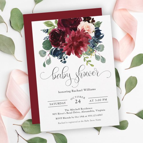 Burgundy and Navy Watercolor Floral Baby Shower Invitation