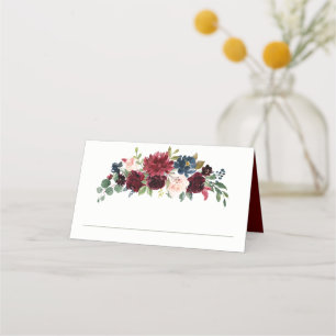 Burgundy and Navy Watercolor Floral Place Card