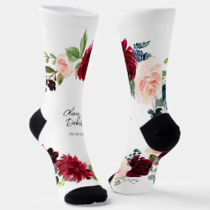 Burgundy and Navy Watercolor Floral Wedding Groom Socks