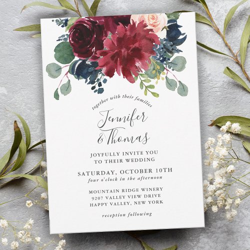 Burgundy and Navy Watercolor Floral Wedding Invitation
