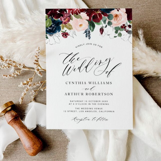 Burgundy and navy watercolor flowers wedding invitation (Creator Uploaded)