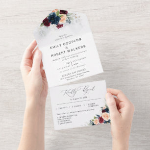 Burgundy and Navy Wedding All in One Invitation