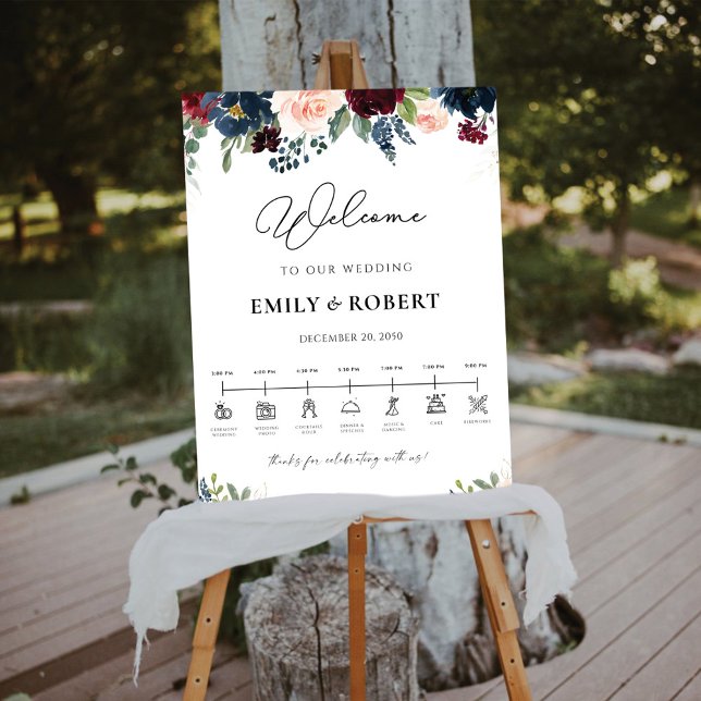Burgundy and Navy Wedding Ceremony Timeline Foam Board (Creator Uploaded)