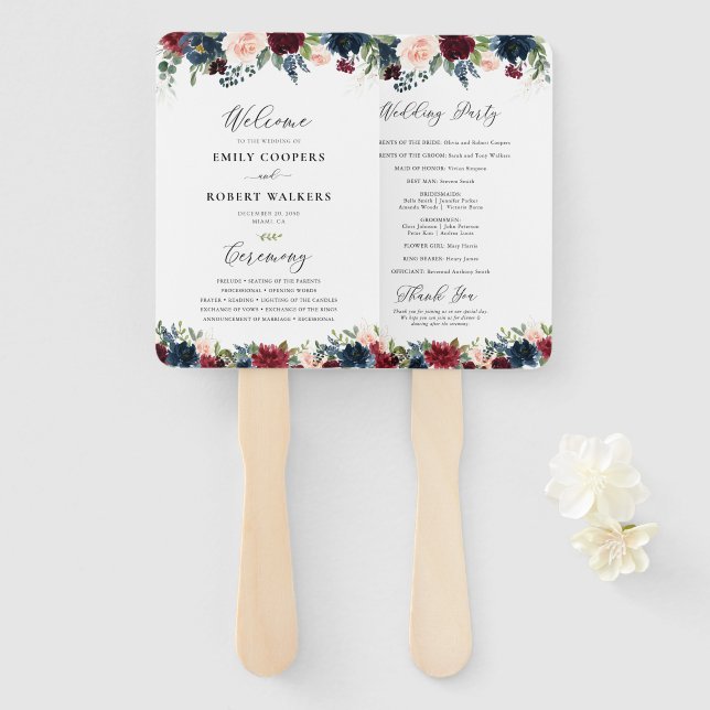 Burgundy and Navy Wedding Program Hand Fan (Front and Back)