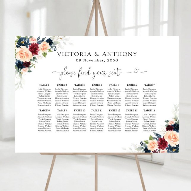 Burgundy and Navy Wedding Seating Chart Foam Board (Creator Uploaded)