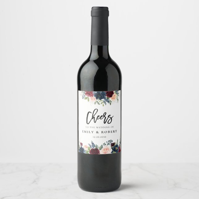 Burgundy and Navy Wedding Wine Label (Front)