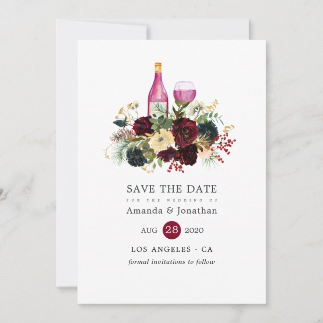 Burgundy and Navy Wine Christmas Floral Wedding Save The Date (Front)