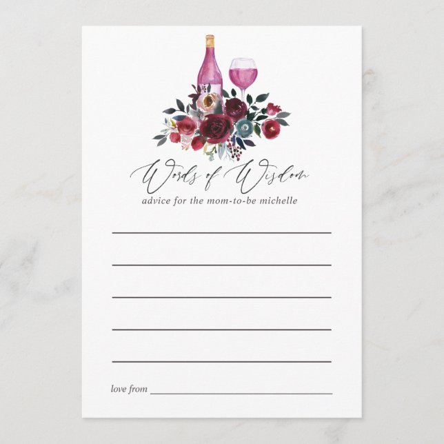 Burgundy and Navy Wine Tasting Bridal Shower Advice Card (Front)