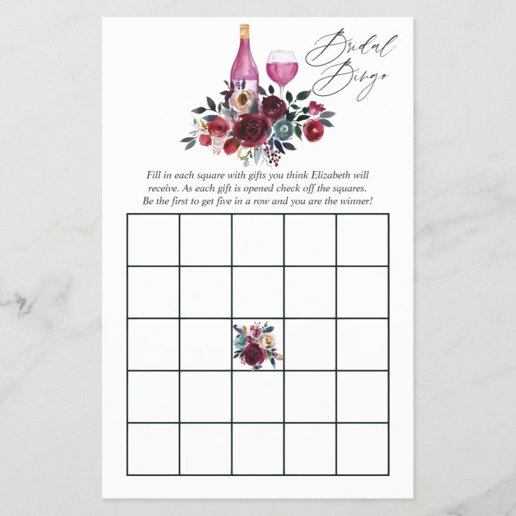 Burgundy and Navy Wine Tasting Bridal Shower Bingo | Zazzle