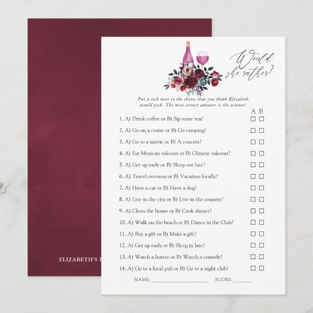 Burgundy and Navy Wine Tasting Bridal Shower Game Invitation (Front/Back)