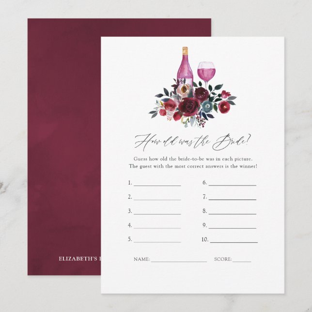 Burgundy and Navy Wine Tasting Bridal Shower Game Invitation (Front/Back)