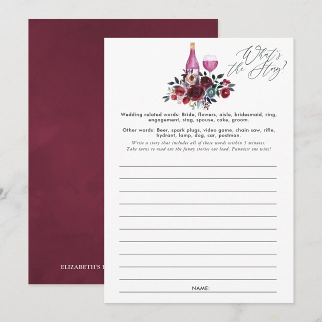 Burgundy and Navy Wine Tasting Bridal Shower Game Invitation (Front/Back)