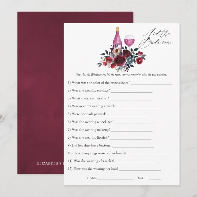 Burgundy and Navy Wine Tasting Bridal Shower Game Invitation (Front/Back)