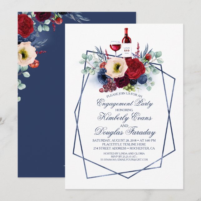 Burgundy and Navy Wine Tasting Engagement Party Invitation (Front/Back)