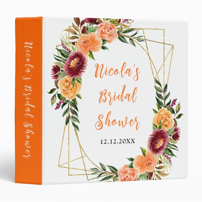 Burgundy and Orange Bridal Shower Photo Album 3 Ring Binder (Front/Spine)