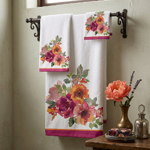 Burgundy and orange fall watercolor flowers bath towel set