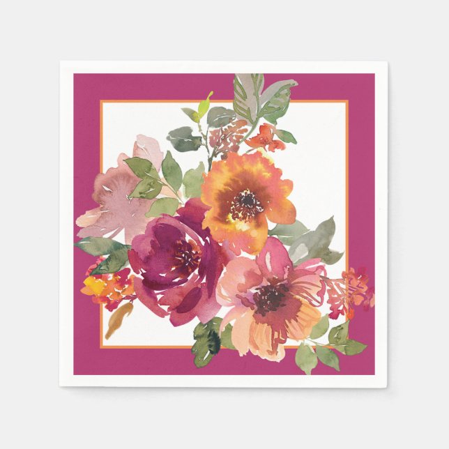 Burgundy and orange fall watercolor flowers  napkins (Front)