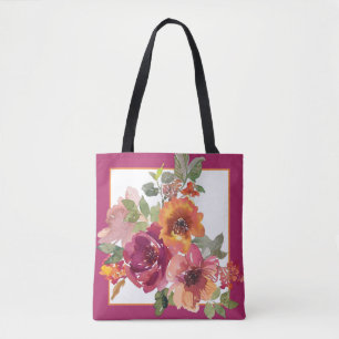Burgundy and orange fall watercolor flowers tote bag
