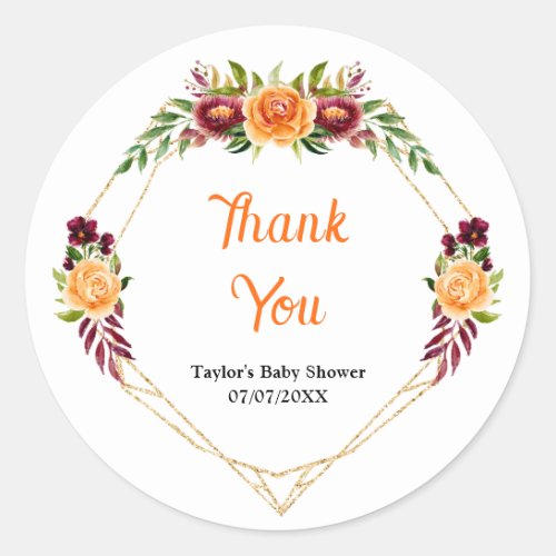 Burgundy and Orange Floral Baby Shower Thank You Classic Round Sticker