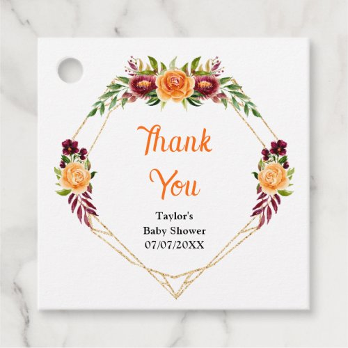 Burgundy and Orange Floral Baby Shower Thank You Favor Tags