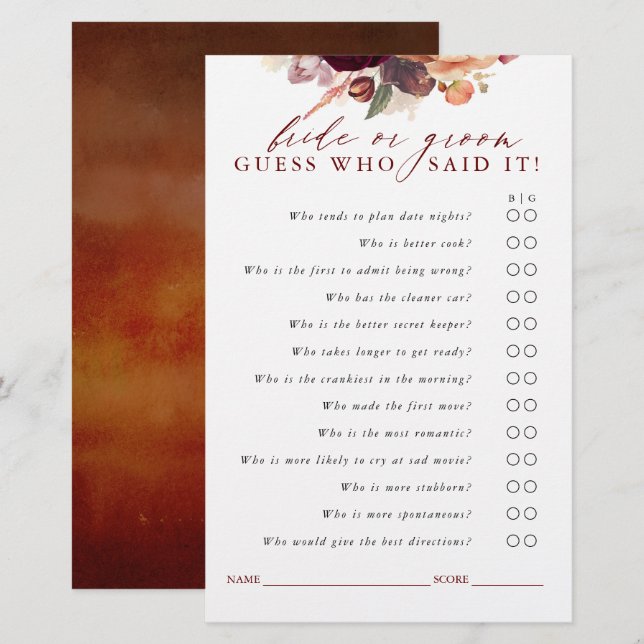 Burgundy and Orange Floral Guess Bride or Groom (Front/Back)