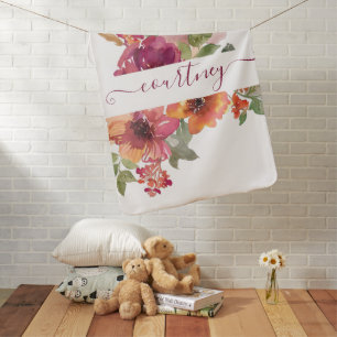 Burgundy and orange watercolor floral personalized baby blanket