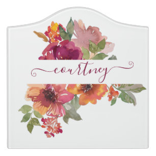 Burgundy and orange watercolor floral personalized door sign