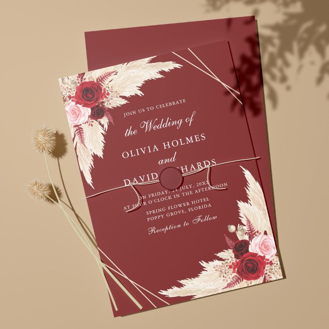 Burgundy and Pampas Grass Wedding Invitation (Creator Uploaded)