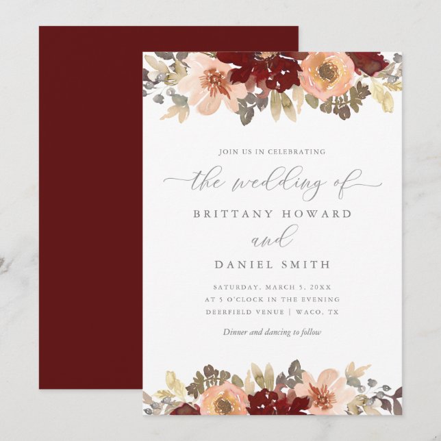 Burgundy and Peach Floral Greenery Wedding Invitation (Front/Back)