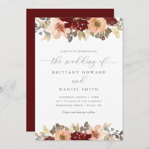 Burgundy and Peach Floral Greenery Wedding Invitation
