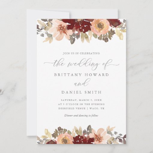 Burgundy and Peach Floral Greenery Wedding Invitation | Zazzle