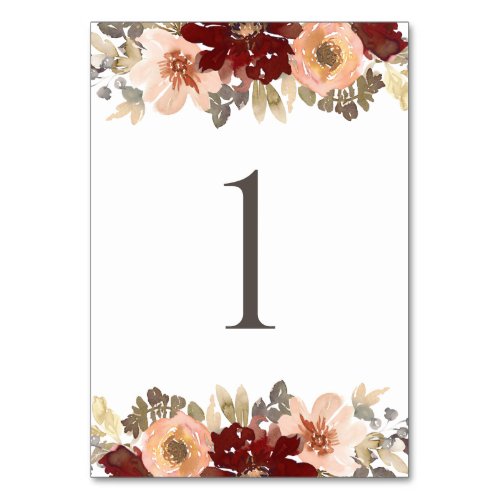 Burgundy and Peach Floral Greenery Wedding Table Number