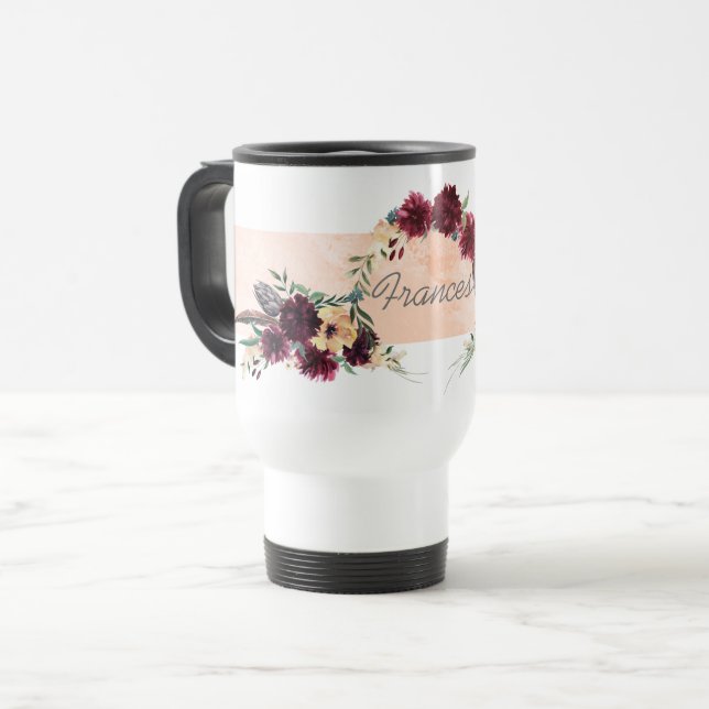 Burgundy and Peach Floral Personalized Travel Mug (Front Left)