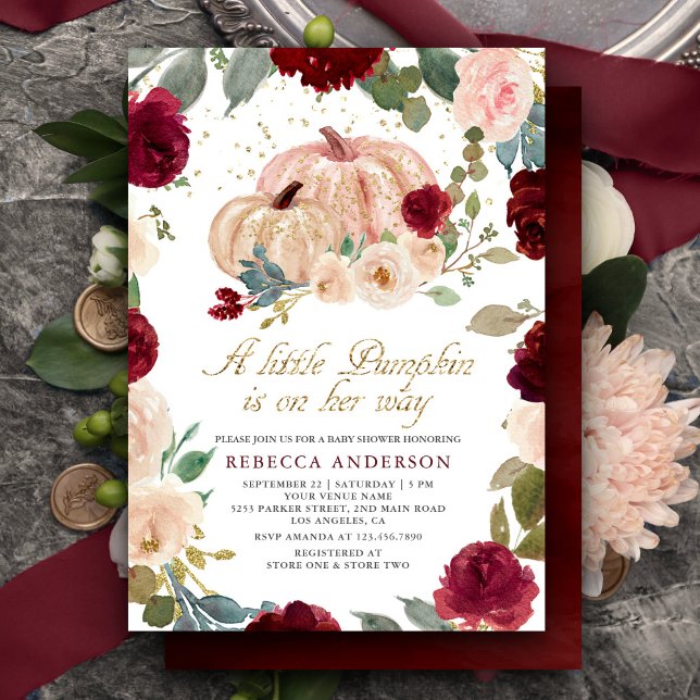 Burgundy and Peach Floral Pumpkin Baby Shower Invitation (Creator Uploaded)