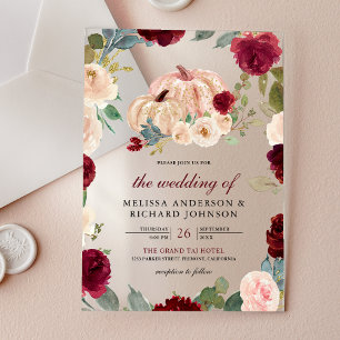 Burgundy and Peach Floral Pumpkin Wedding Acrylic Invitations
