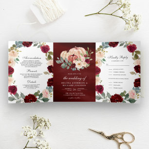 Burgundy and Peach Floral Pumpkin Wedding Tri-Fold Invitation
