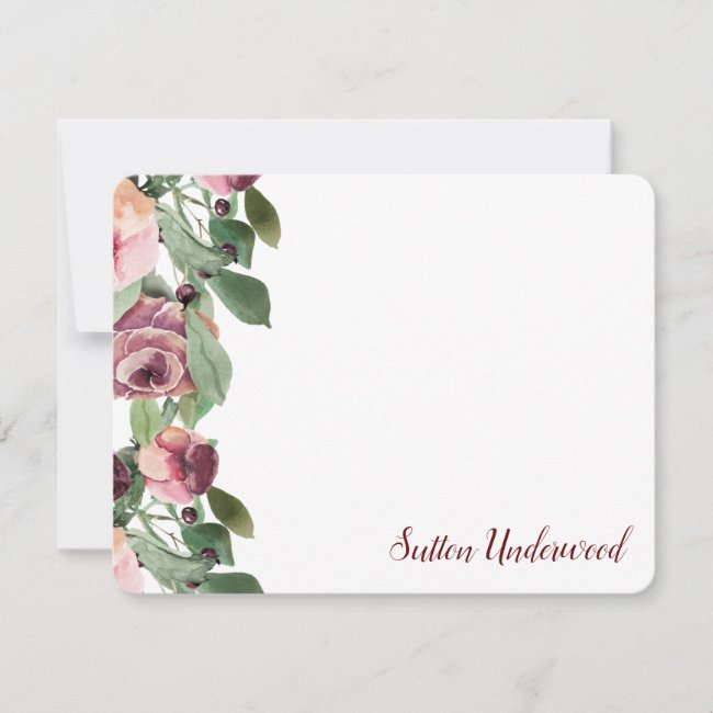 Burgundy and Peach Floral Watercolor Note Card