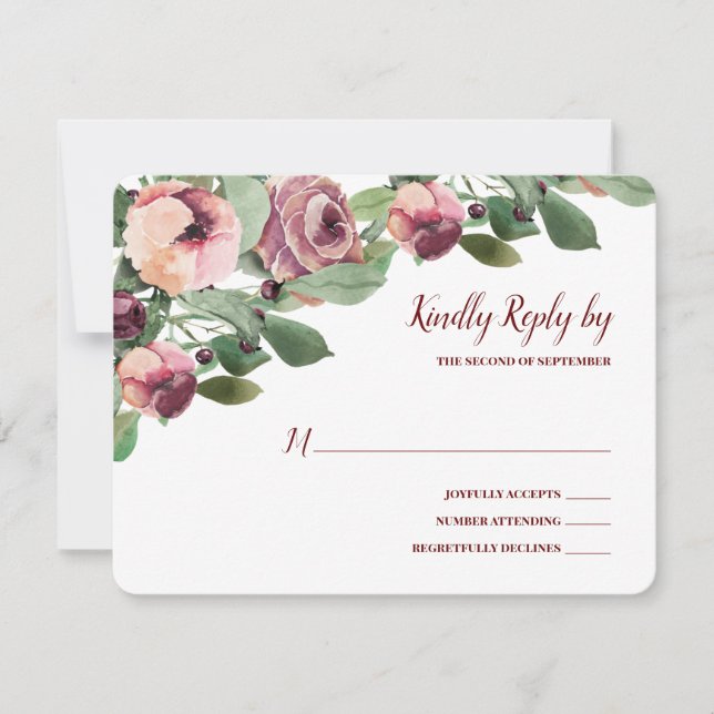 Burgundy and Peach Floral Watercolor Reply Card (Front)