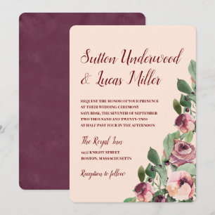Burgundy and Peach Floral Watercolor Wedding Invitation